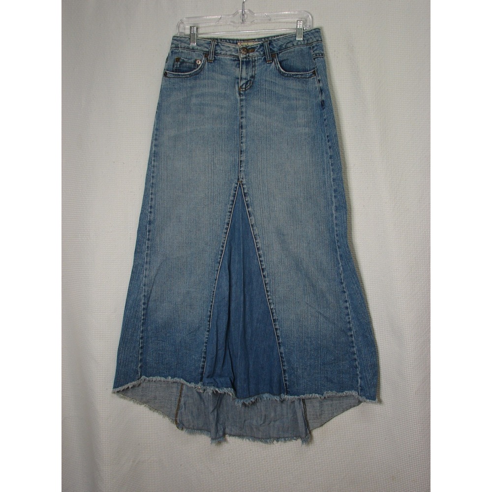 L.E.I Vtg Patchwork Denim Maxi Skirt Refashioned Blue Jean Hi Low Raw Hem Size 5